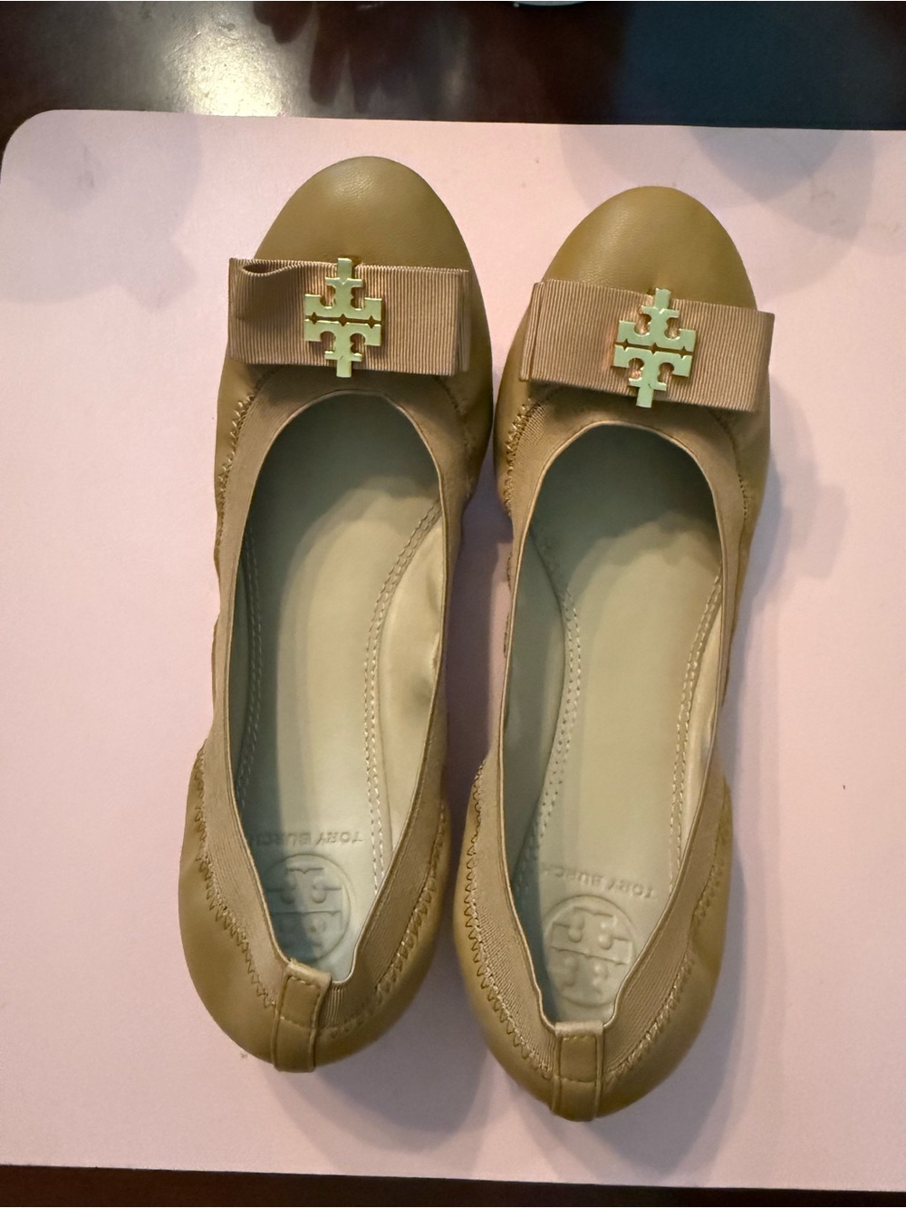 Tory Burch Tan Reva Ribbon Logo Ballet Flats